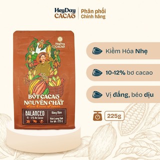 Túi zip 225g - bột cacao nguyên chất 100% - dòng balanced phổ thông - 10% -12% bơ cacao - heyday