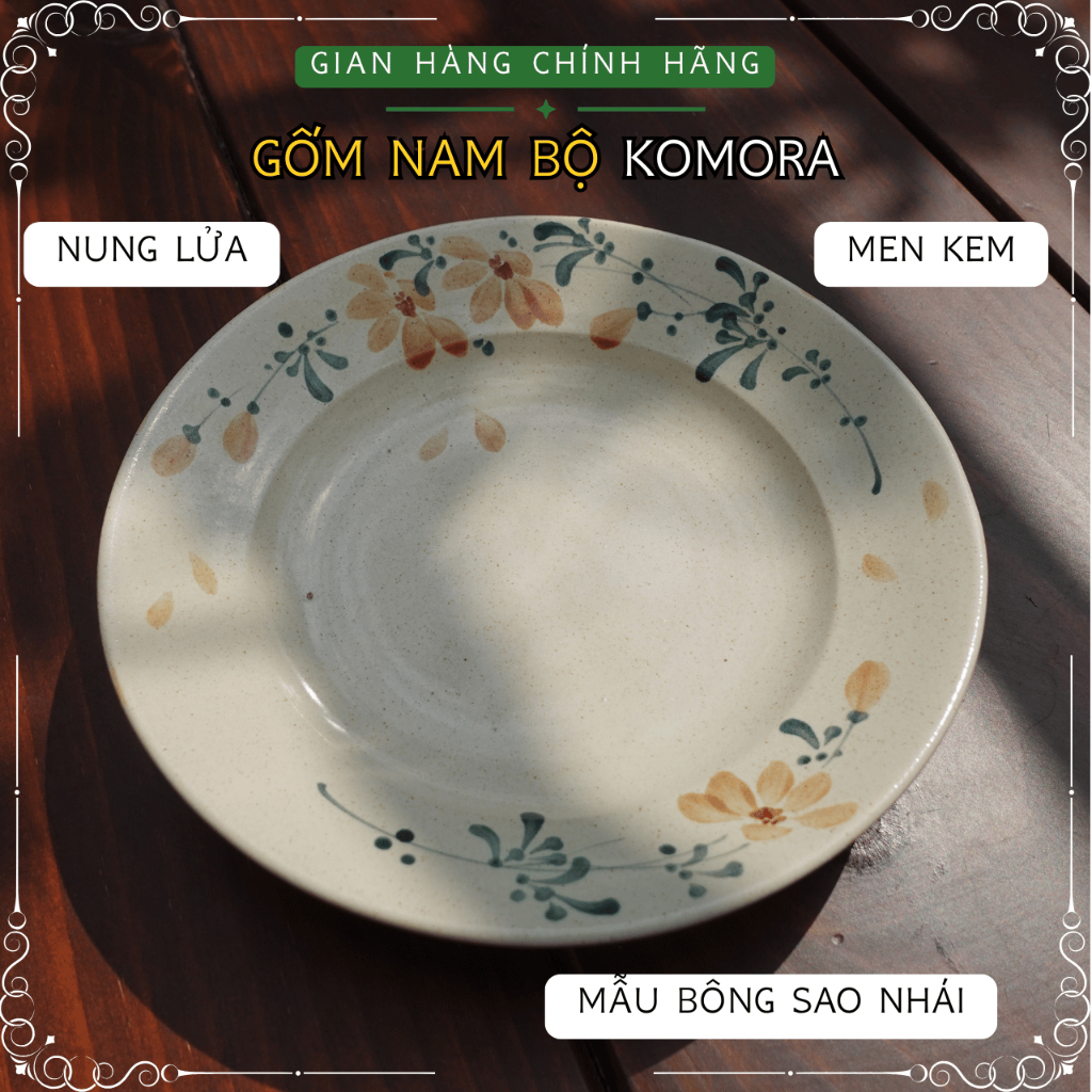 [Dĩa] Mẫu Bông Sao Nhái, Gốm Nam Bộ KOMORA, Men Kem, Nung Lửa Truyền Thống, Đậm Chất Nam Bộ, Họa Tiế