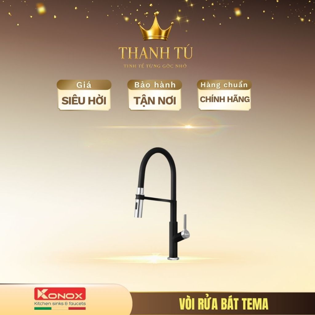Vòi rửa bát Konox thân mềm Tema Black kéo dài tiện lợi, bảo hành 5 năm