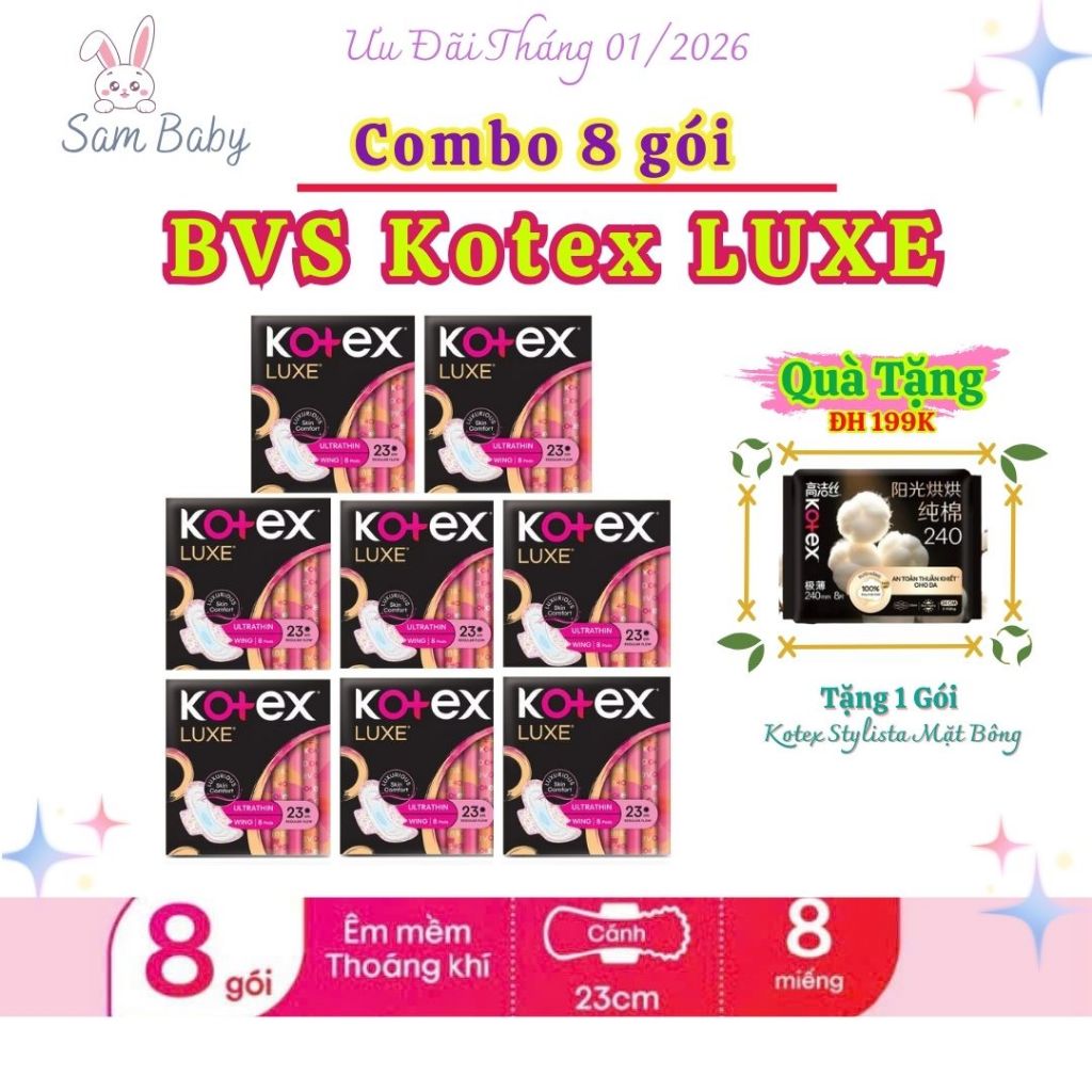 Lốc 8 Băng vệ sinh Kotex LUXE Ngày Cánh 23cm 8 miếng