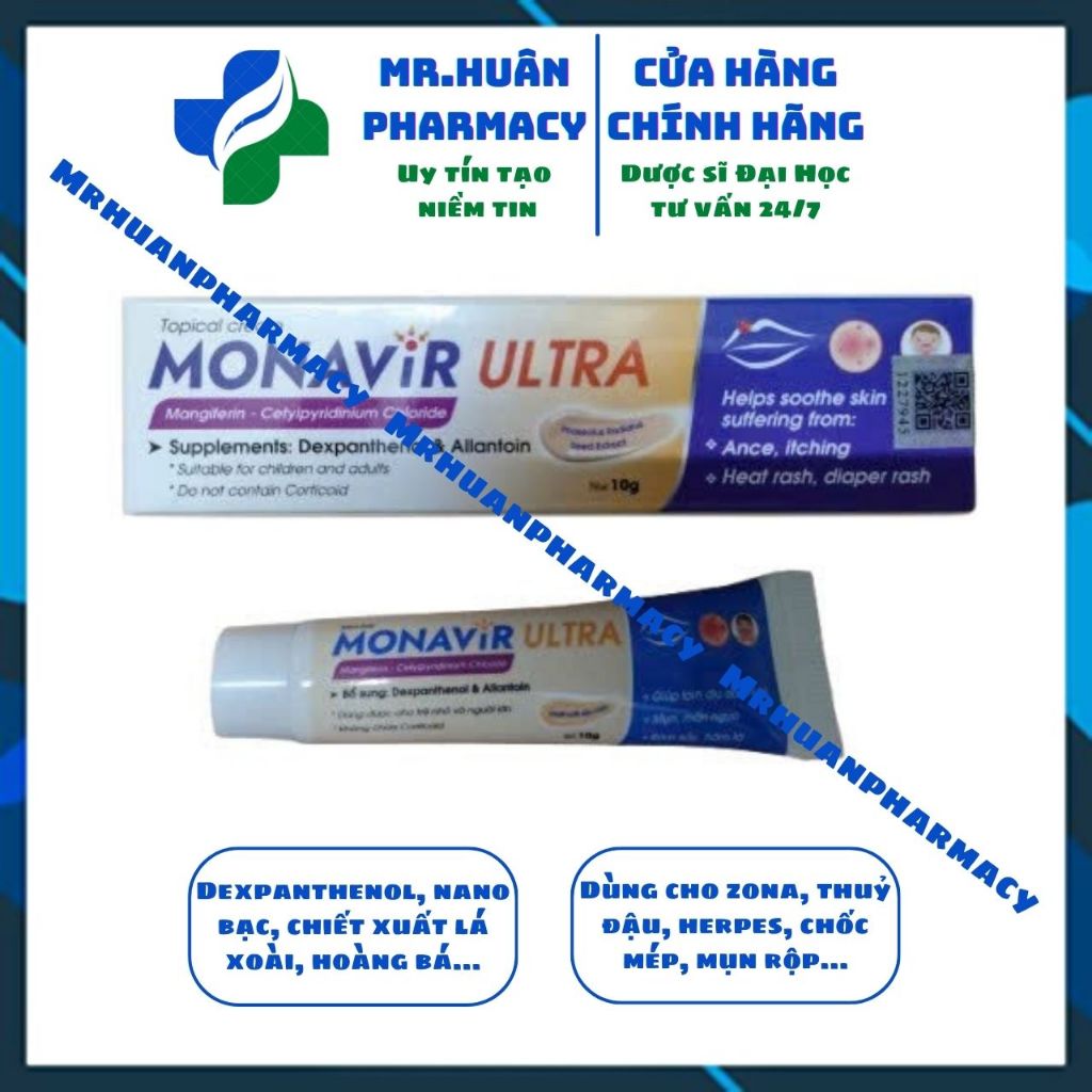 Chế phẩm chăm sóc da Monavir Ultra 10g - Dùng cho Zona, Herpes, Thuỷ đậu, chốc mép, mụn rộp ở môi