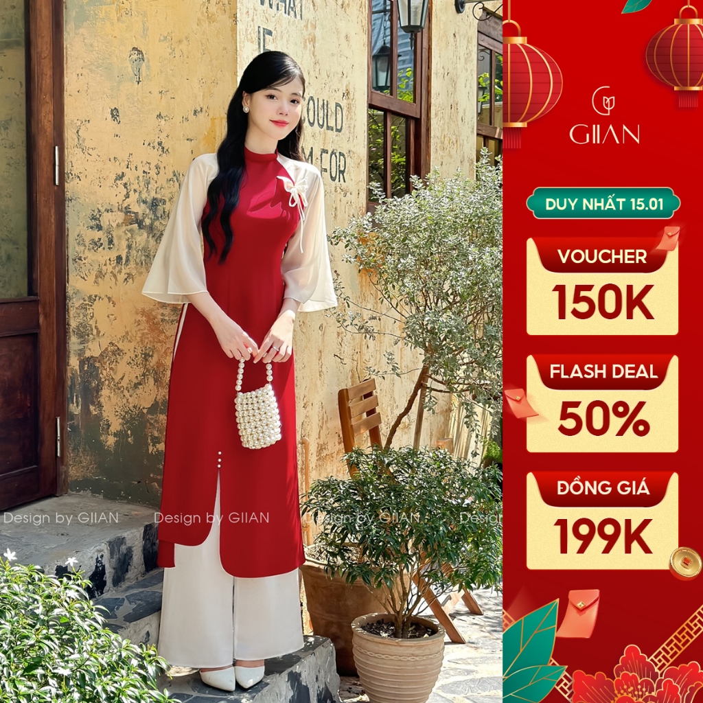 Áo dài cách tân nữ đẹp Giian thiết kế cổ tròn tay loe trẻ trung đính hồ điệp vải trượt cao cấp đi chơi, đi dạy AD0616 | BigBuy360 - bigbuy360.vn
