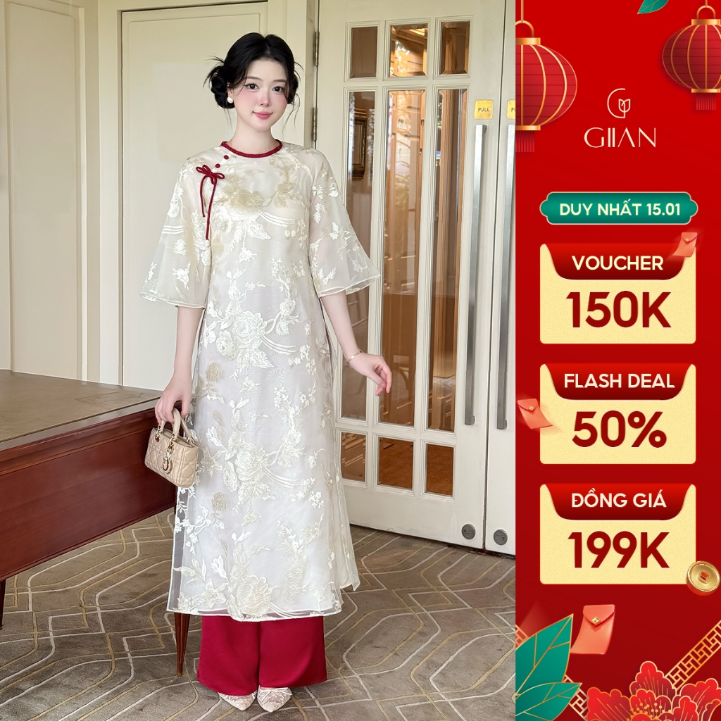 Áo dài cách tân nữ Giian thiết kế 4 tà dáng suông cổ tròn phối tay loe hoa thêu thủ công đính vải ren cao cấp AD0017