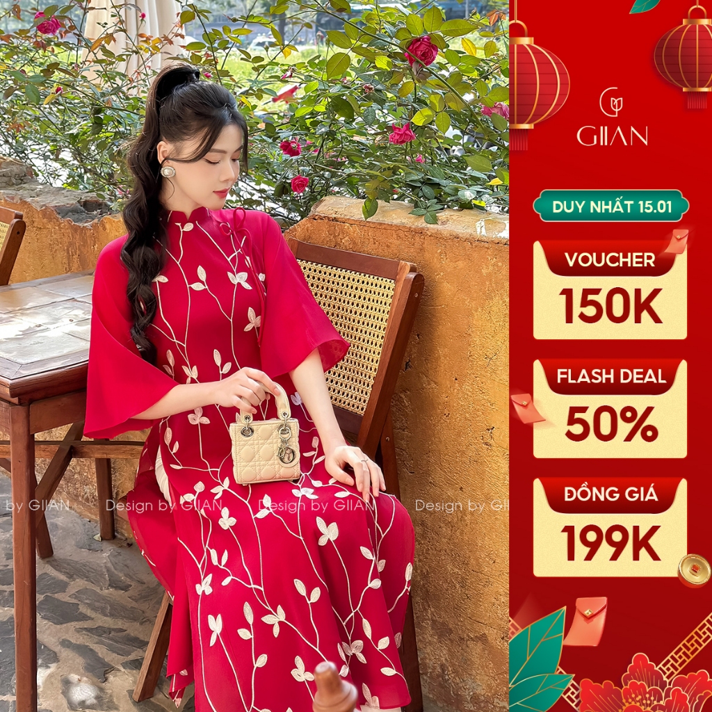 Áo dài đỏ tết cách tân nữ hoa nhí may sẵn thiết kế cổ tròn đính nơ dáng suông 4 tà vải tơ cao cấp Giian - AD0462DO | BigBuy360 - bigbuy360.vn