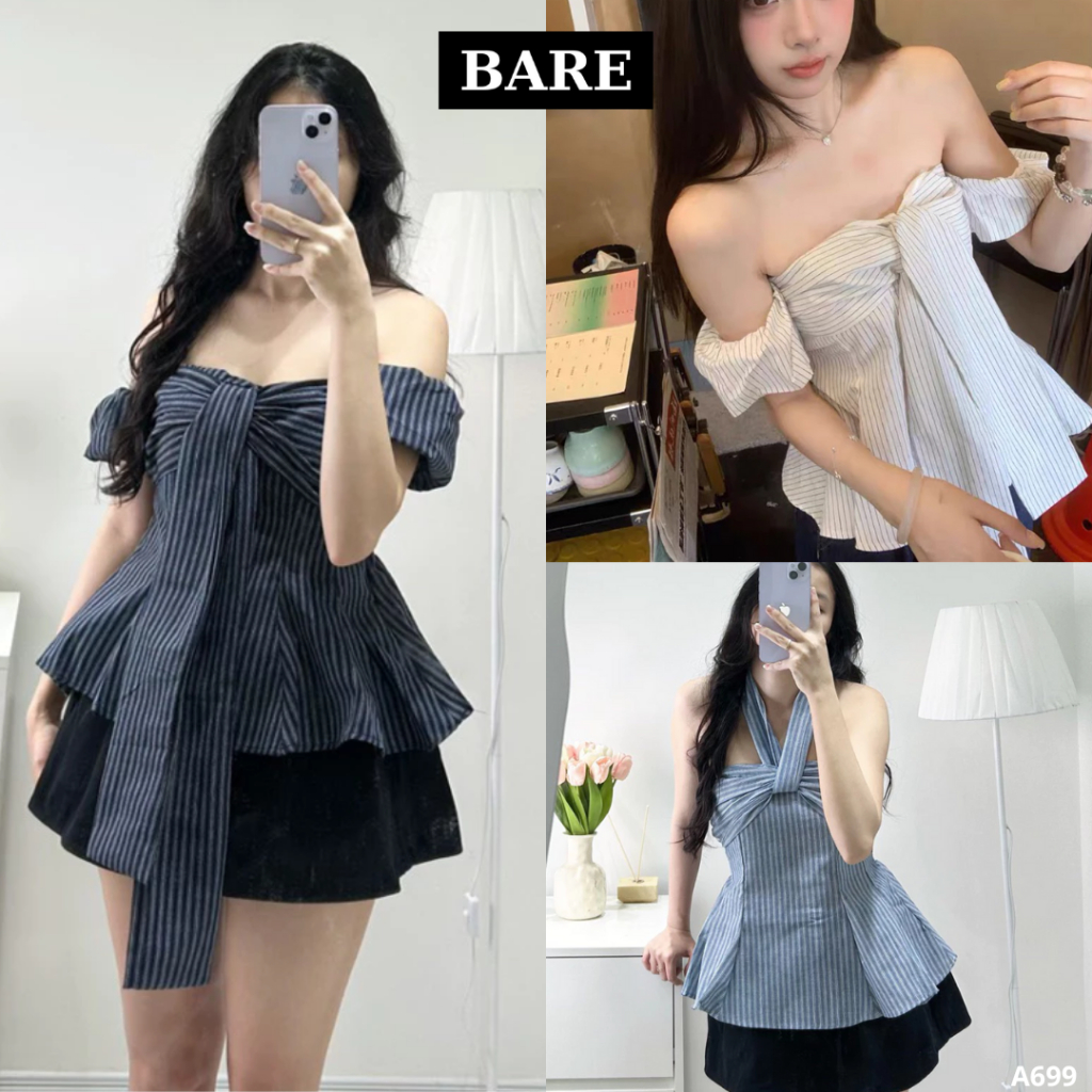 𝐁𝐀𝐑𝐄_Áo Kẻ Thắt Dây Ngực Chiết Eo Tay Bo Chun Có Cúc Tháo Rời IVORY TOP_A699