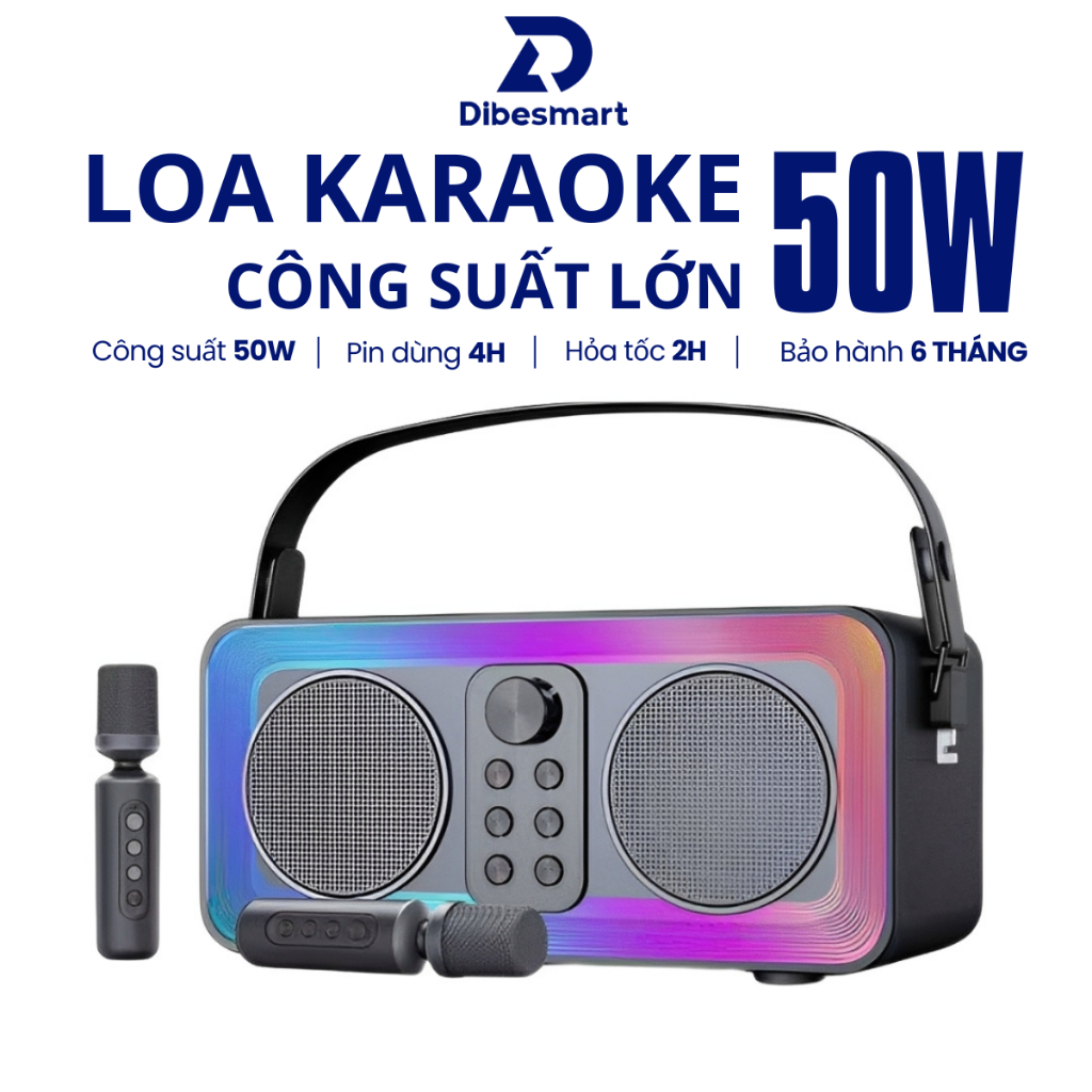 Loa karaoke 50W 2 MIC bluetooth DIBESMART 608 không dây, loa hát karaoke mini , có quai xách đi kèm 