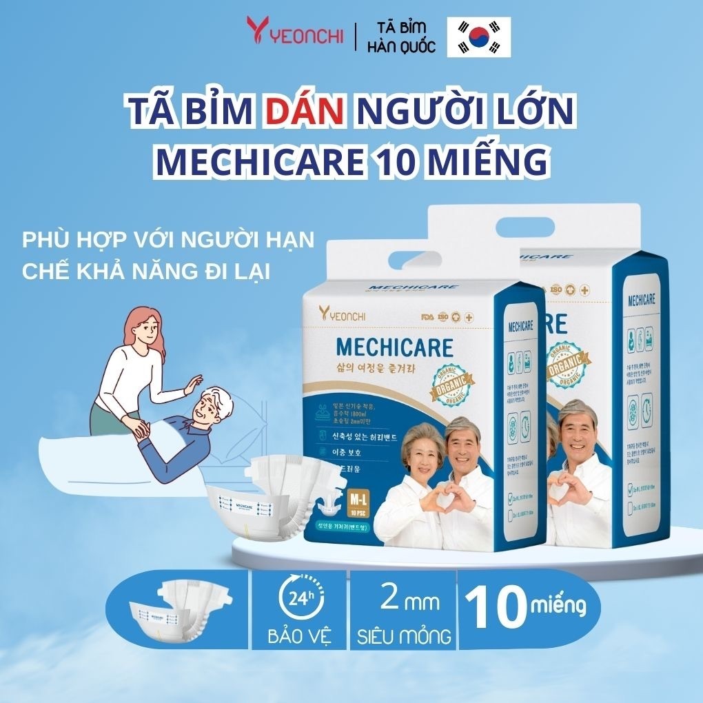 [1 BỊCH 10 MIẾNG] Tã bỉm người lớn Yeonchi Mechicare khô thoáng, thấm hút cho người già đủ size M-L/L-XL, hông 60-130cm
