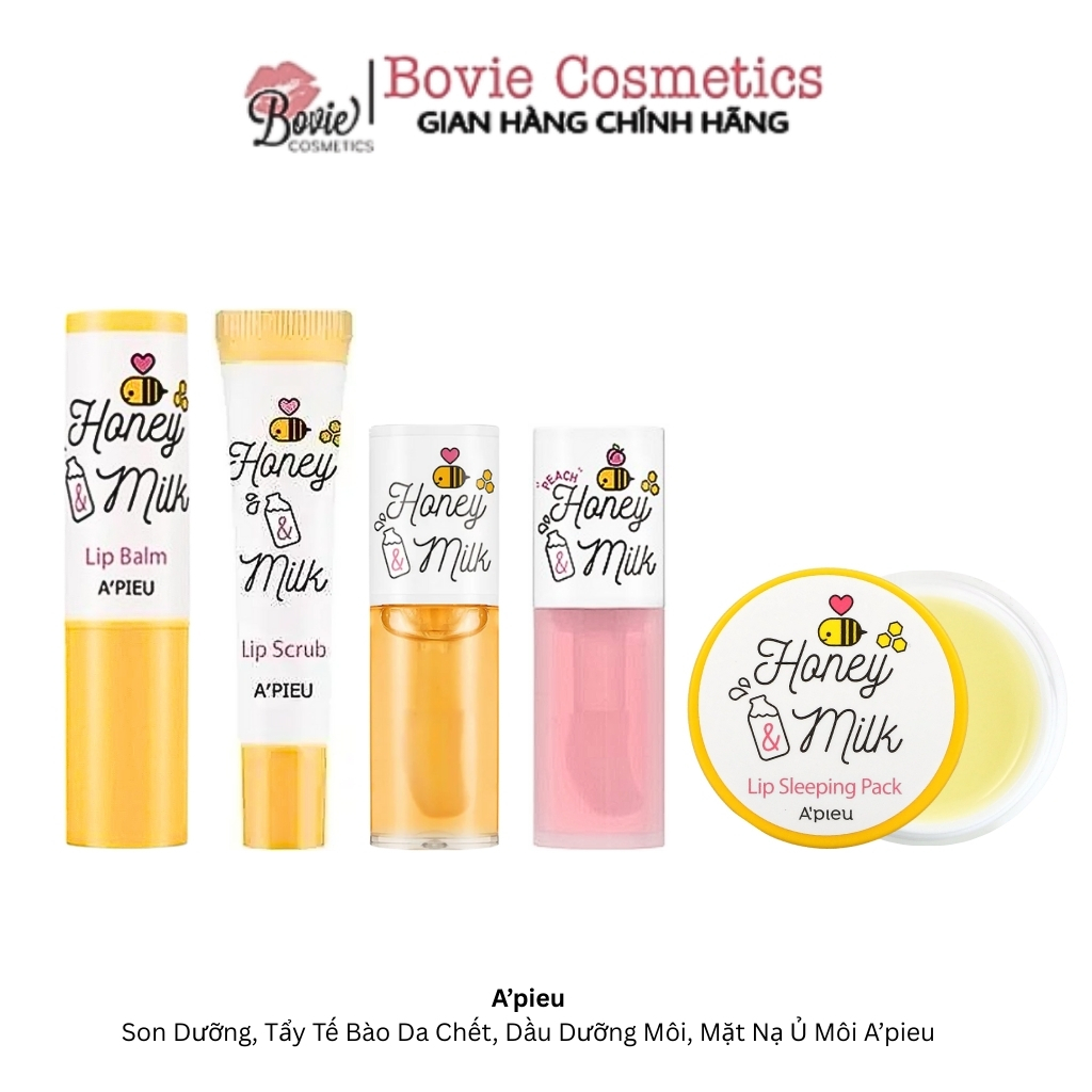 Son dưỡng, tẩy tế bào da chết, dầu dưỡng môi, mặt nạ ủ môi A’pieu / Apieu Honey & Milk Lip Scub - Lip Balm - Lip Oil