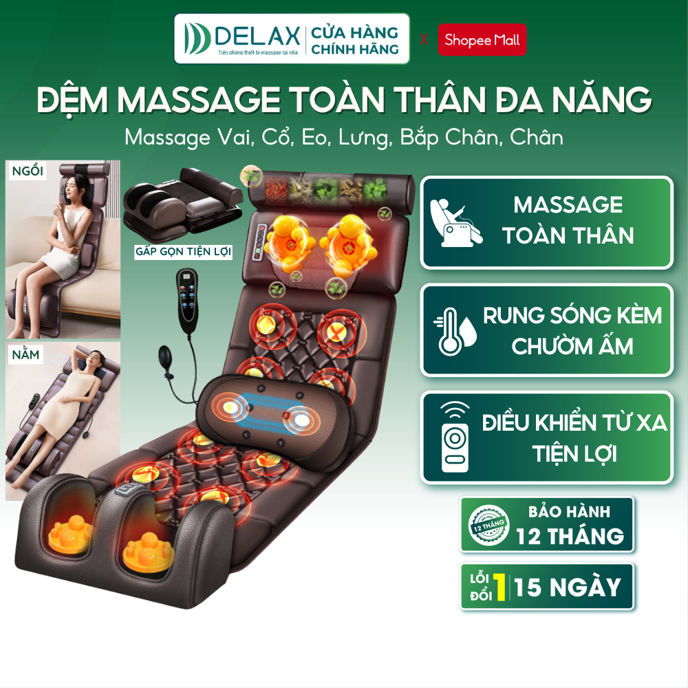 Đệm Massage Toàn Thân Đa Năng DELAX Massage Vai, Cổ, Eo, Lưng, Chân Và Gối Massage Sóng Rung Kèm Chư