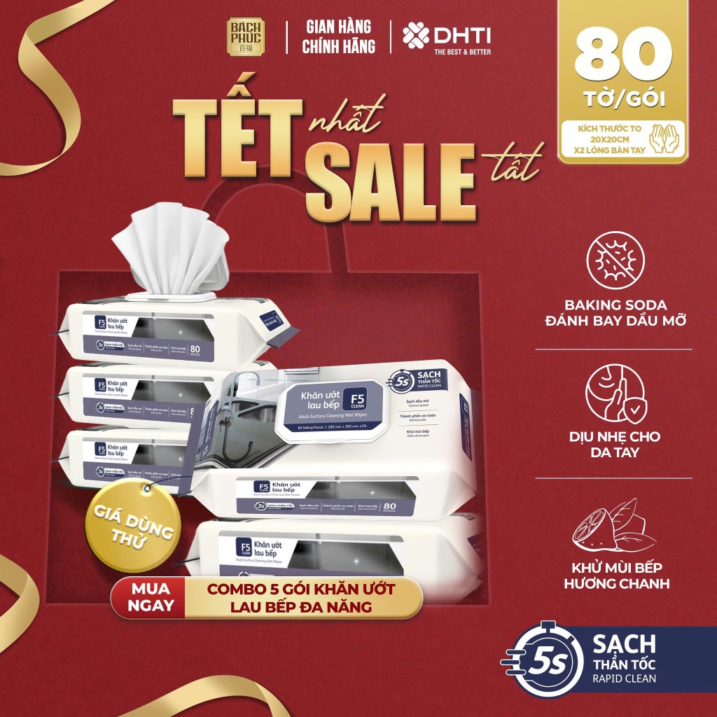 [GIÁ DÙNG THỬ] Combo 5 Gói Khăn ướt đa năng lau bếp F5 Clean 80 tờ sạch bóng mọi bề mặt đa năng mềm 