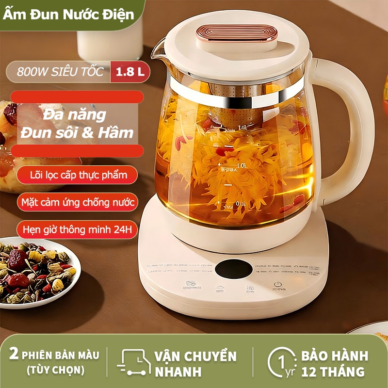 Ấm Đun Nước Điện Thủy Tinh 1.8L, 18 Chế Độ Pha Chế, Tự Động Bảo Nhiệt, Ấm Siêu Tốc 800W