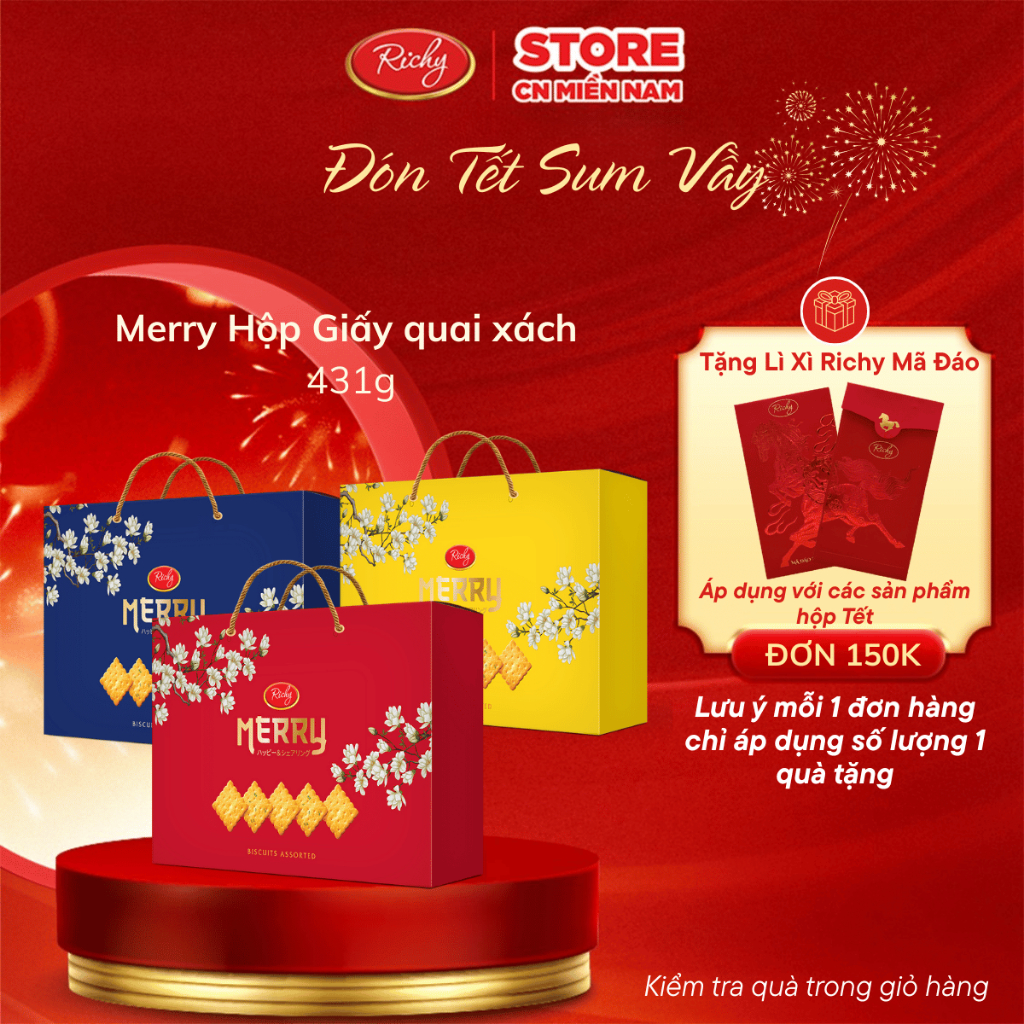 Hộp Bánh Quy Tết Merry, Hộp Giấy Quai Xách 412g, Bánh Kẹo Richy