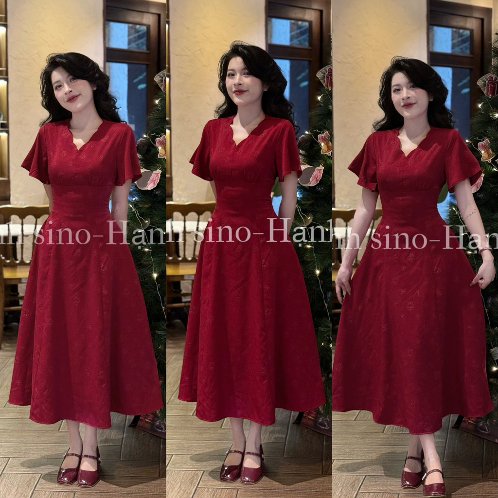 Hạnh sino.97  Váy đỏ dập hoa nổi dáng A mới