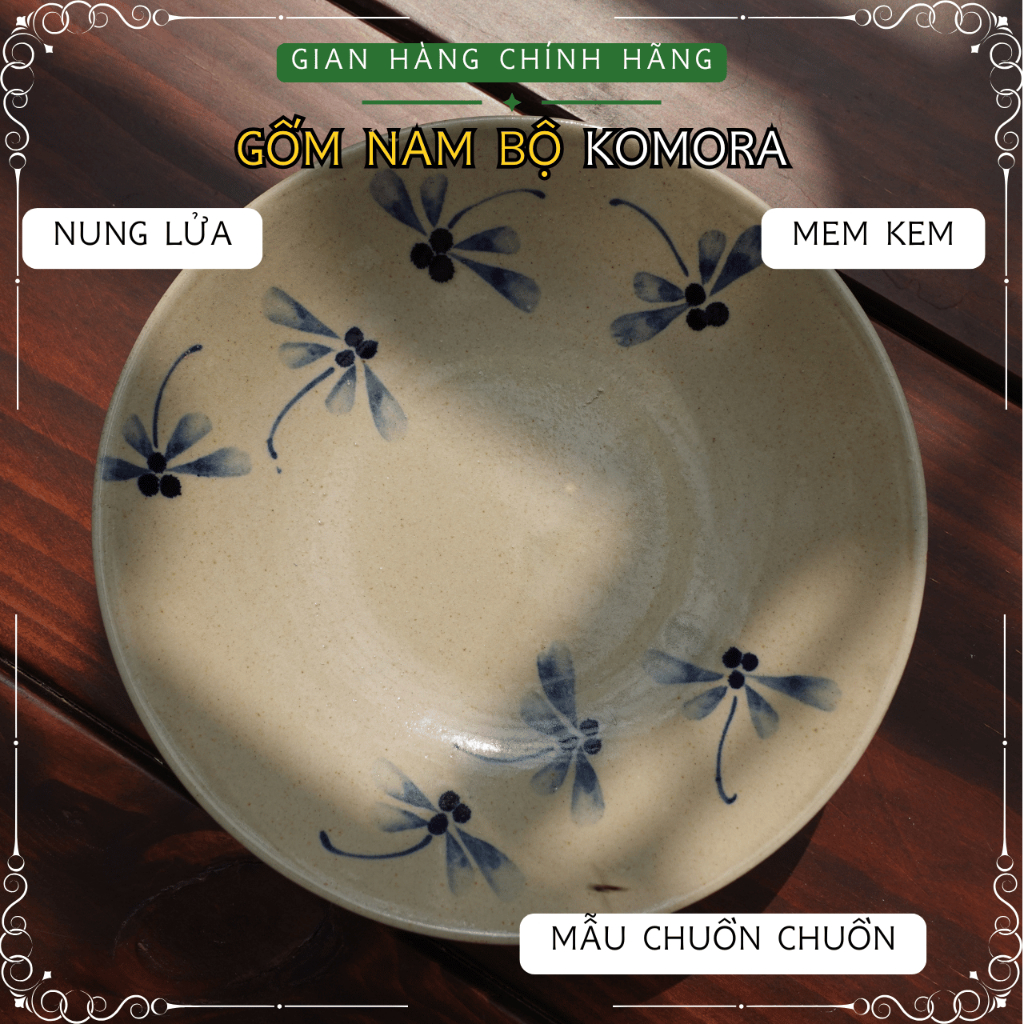 [Dĩa] Mẫu Chuồn Chuồn, Gốm Nam Bộ KOMORA, Men Kem, Nung Lửa Truyền Thống, Đậm Chất Nam Bộ, Họa Tiết 