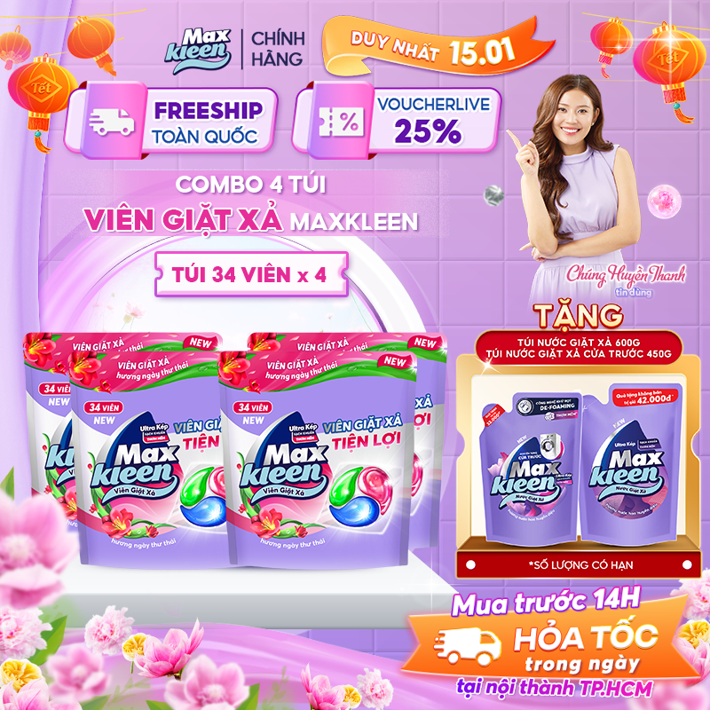 Combo 4 Túi Viên Giặt Xả MaxKleen Hương Ngày Thư Thái (34 viên/túi)