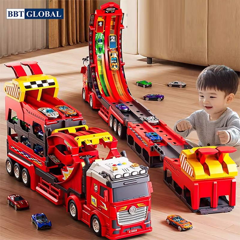 Đồ chơi xe tải biến hình đường đua 1m13 kèm xe hợp kim có đèn và nhạc JP588-32