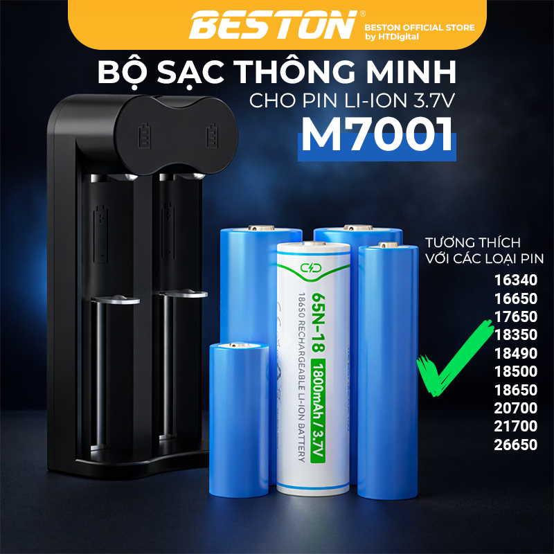 Sạc pin 18650 Beston M7001 kèm pin sạc 18650 điện áp 3.7V dung lượng cao lên đến 3300mAh, dùng cho đ