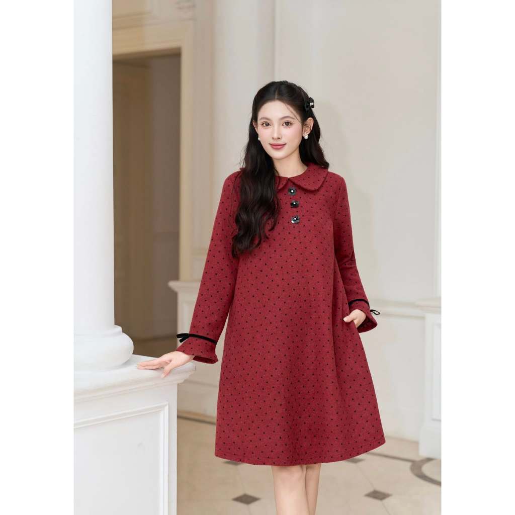 Váy Bầu Dạ Nhung Đỏ JOAMOM Cao Cấp - Dáng Suông Đính Hoa Thủ Công - JTVB221