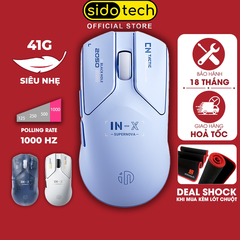Chuột gaming không dây FPS SIDOTECH INX-SE siêu nhẹ pin sạc bluetooth 3 mode chuyên game cao cấp