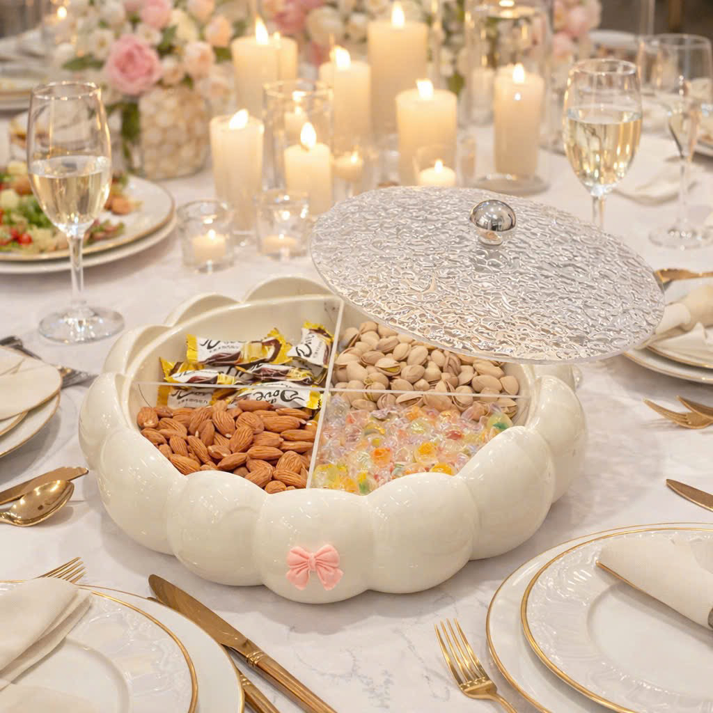 (Nhiều mẫu) Khay sứ đựng mứt tròn decor nắp meka, khay đựng mứt Dona Home Decor