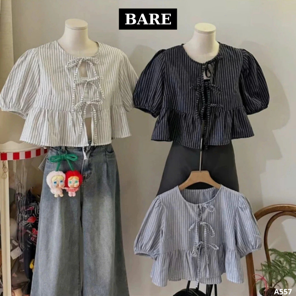 BARE_(Tặng kèm áo 2 dây) Áo Babydoll Kẻ Buộc Nơ Tay Phồng, Áo Kiểu Nữ Tay Bồng Kèm Áo 2 Dây_A523