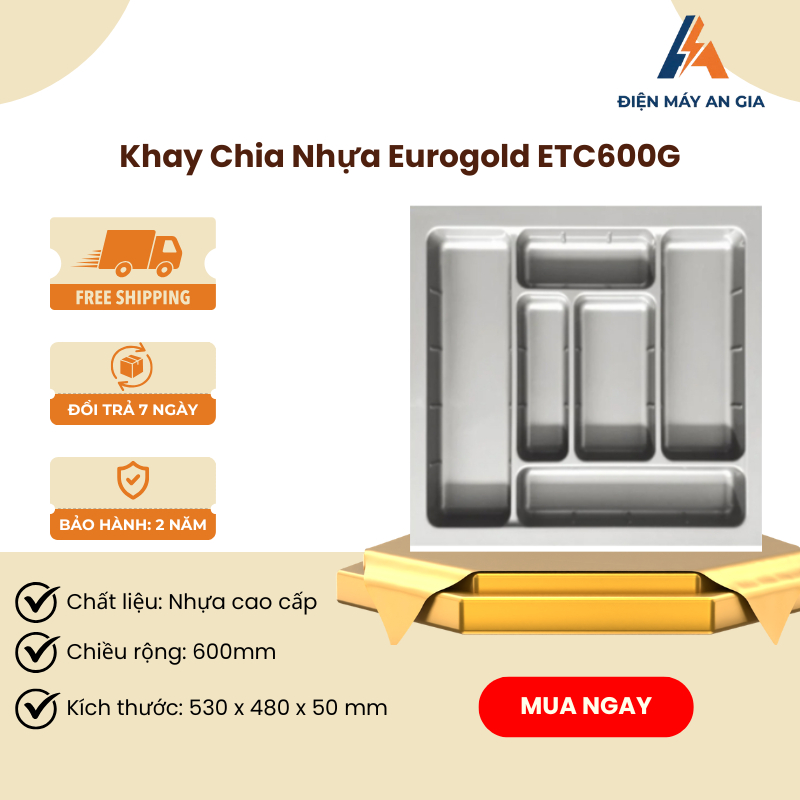 Khay Chia Thìa Dĩa Nhựa Cao Cấp Màu Xám Eurogold ETC600G – Tiện Lợi  - Sắp Xếp Ngăn Nắp – PEB