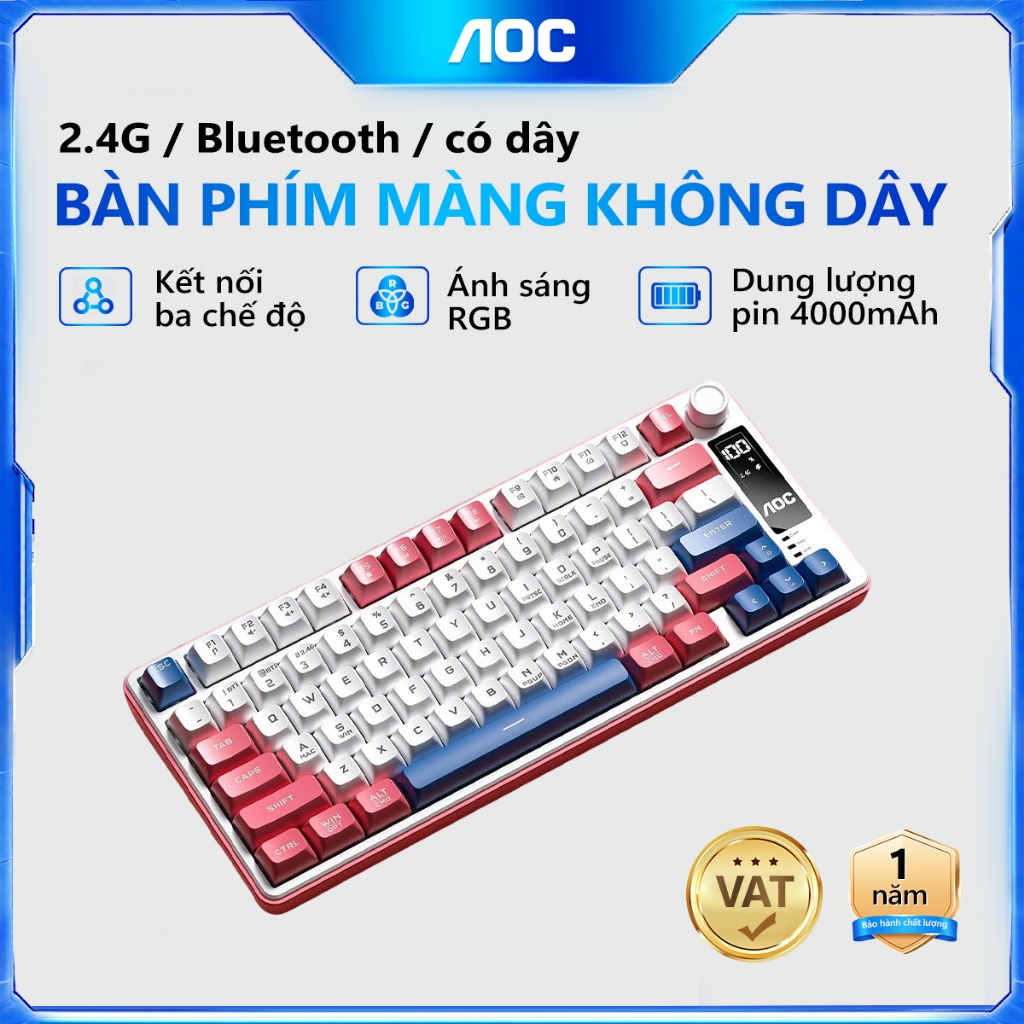 Bàn phím không dây gaming AOC GK300 3 chế độ, LED RGB, Pin 4000mAh, 77 phím gõ êm chống ồn