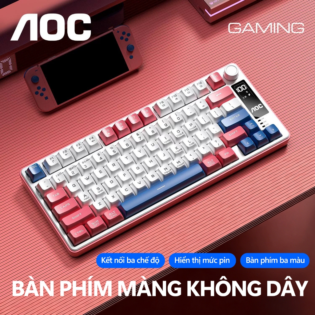 Bàn phím không dây gaming AOC GK300 3 chế độ, LED RGB, Pin 4000mAh, 77 phím gõ êm chống ồn