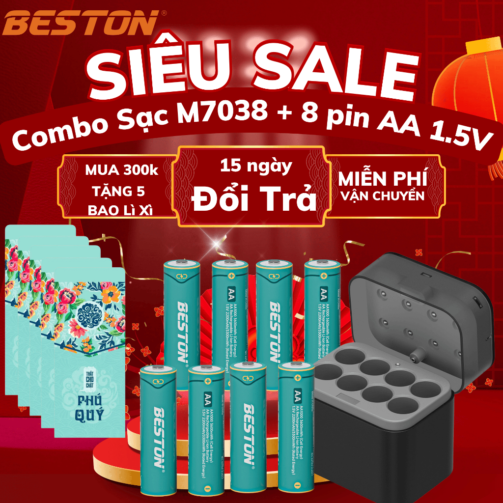 Bộ Sạc Beston M7038 sạc được cho cả pin 1.2V và 1.5V, cổng sạc type C tiện lợi, có đèn báo sạc