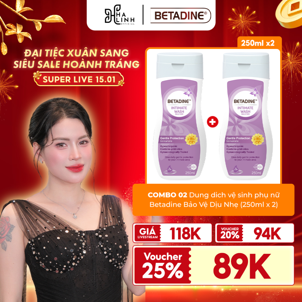 [BETADINE x VHL] Bộ 2 Dung dich vệ sinh phụ nữ Betadine Bảo Vệ Dịu Nhẹ 250ml (250ml x 2)