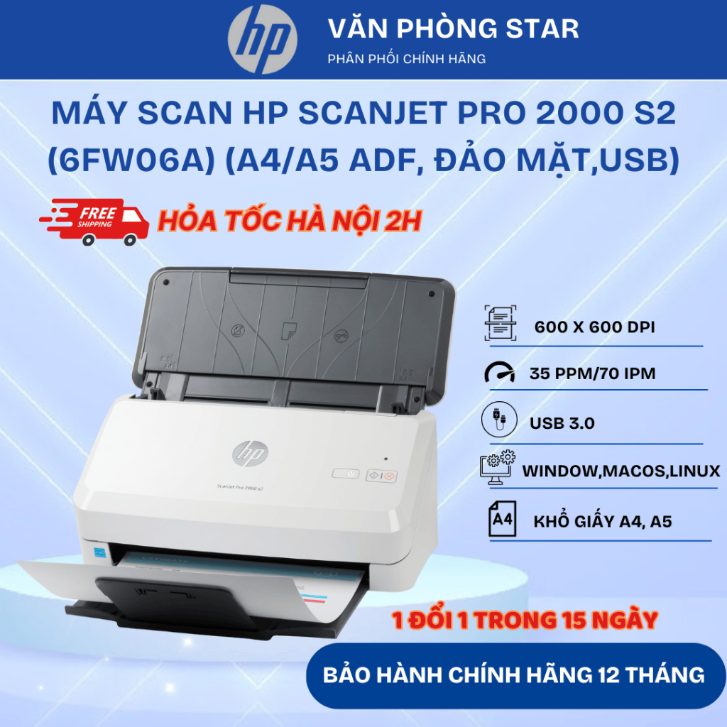 Máy Scan HP ScanJet Pro 2000 S2 6FW06A (A4/A5/ Đảo mặt/ ADF/ USB) chính hãng HP VIỆT NAM