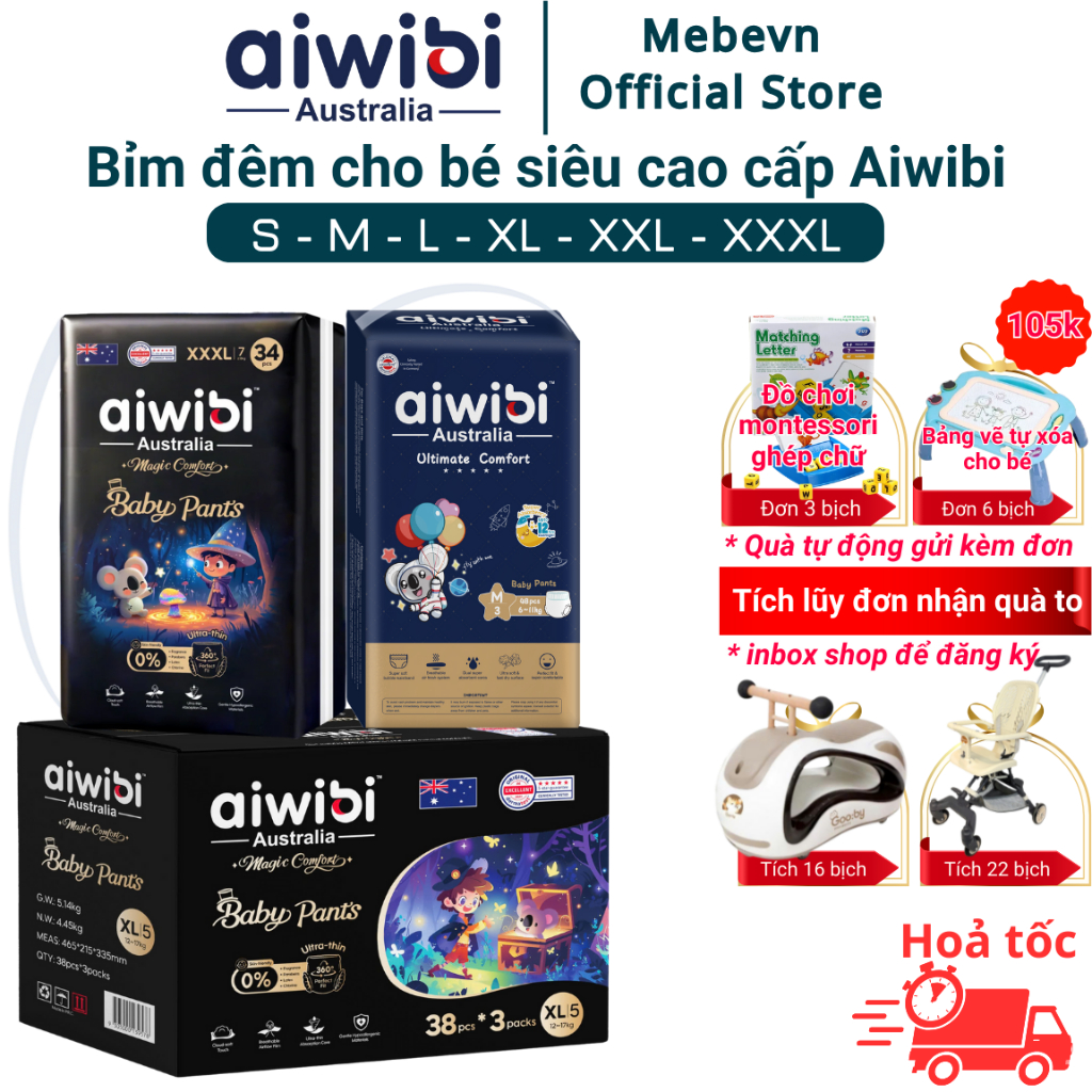 Bỉm đêm aiwibi Australia, bỉm đêm cho bé cao cấp, bỉm đêm aiwibi siêu mỏng đủ size đến 48 miếng