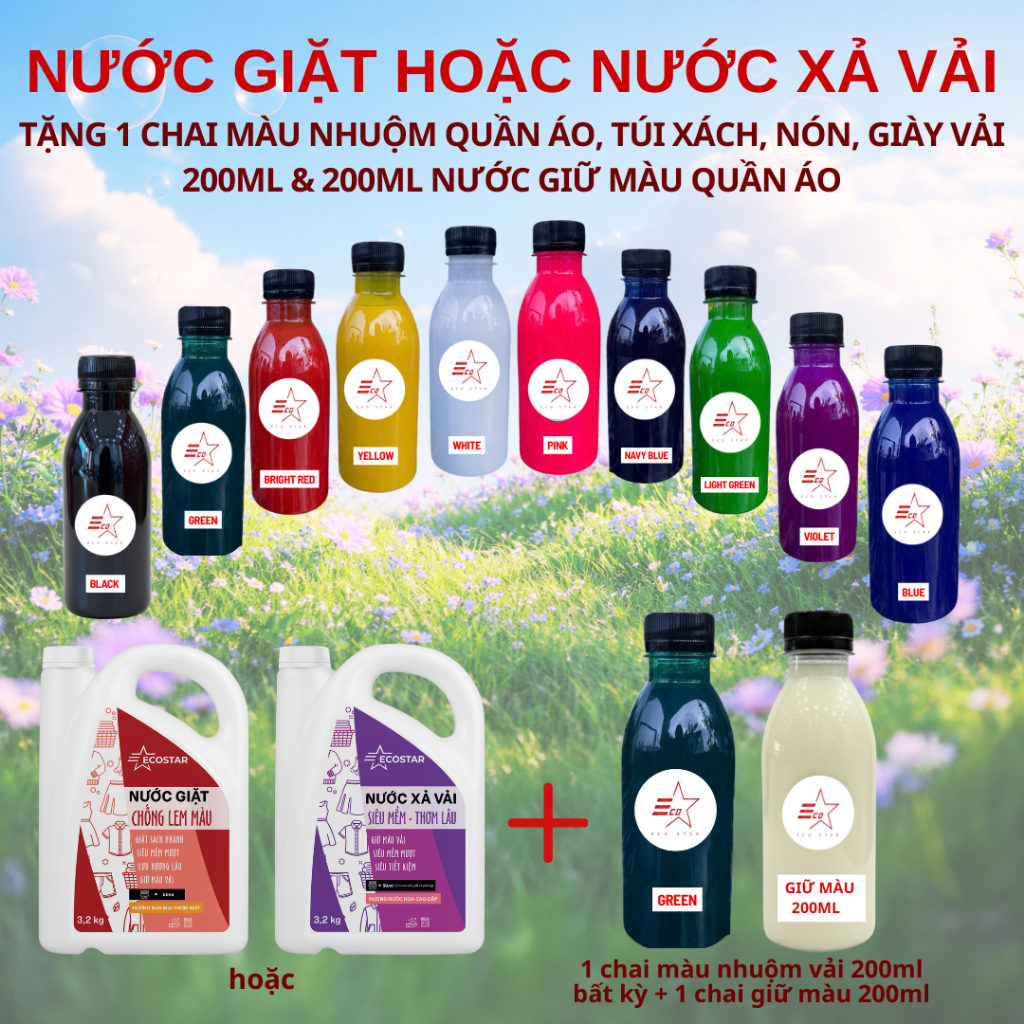 Combo: Nước xả vải mềm mượt, Nước giặt chống lem màu, tặng 1 chai, Màu nhuộm vải 200ml
