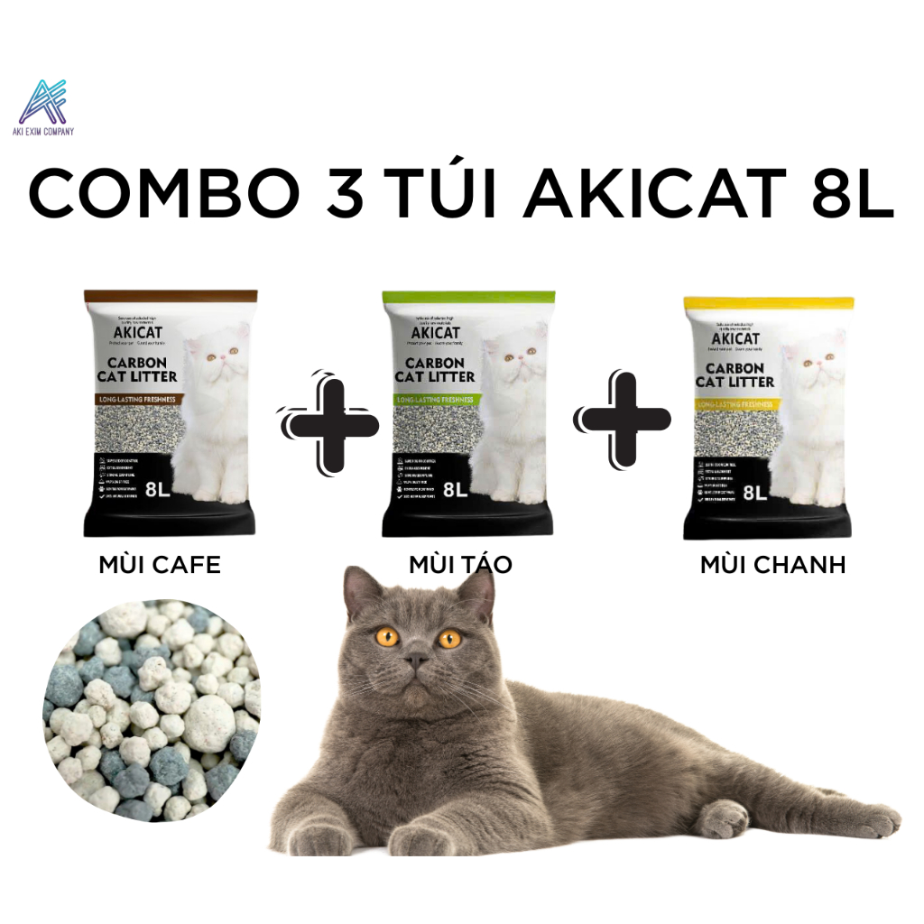 COMBO 3 AKICAT 8L - CÁT MÈO THAN HOẠT TÍNH, SIÊU KHỬ MÙI