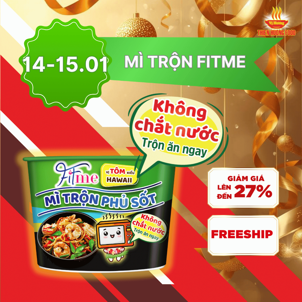 KHÔNG CHẮT NƯỚC - Thùng 12 tô Mì Trộn Phủ Sốt Fitme Vị Tôm Kiểu Hawaii Thùng 12 tô 110gram/tô [TMNBK
