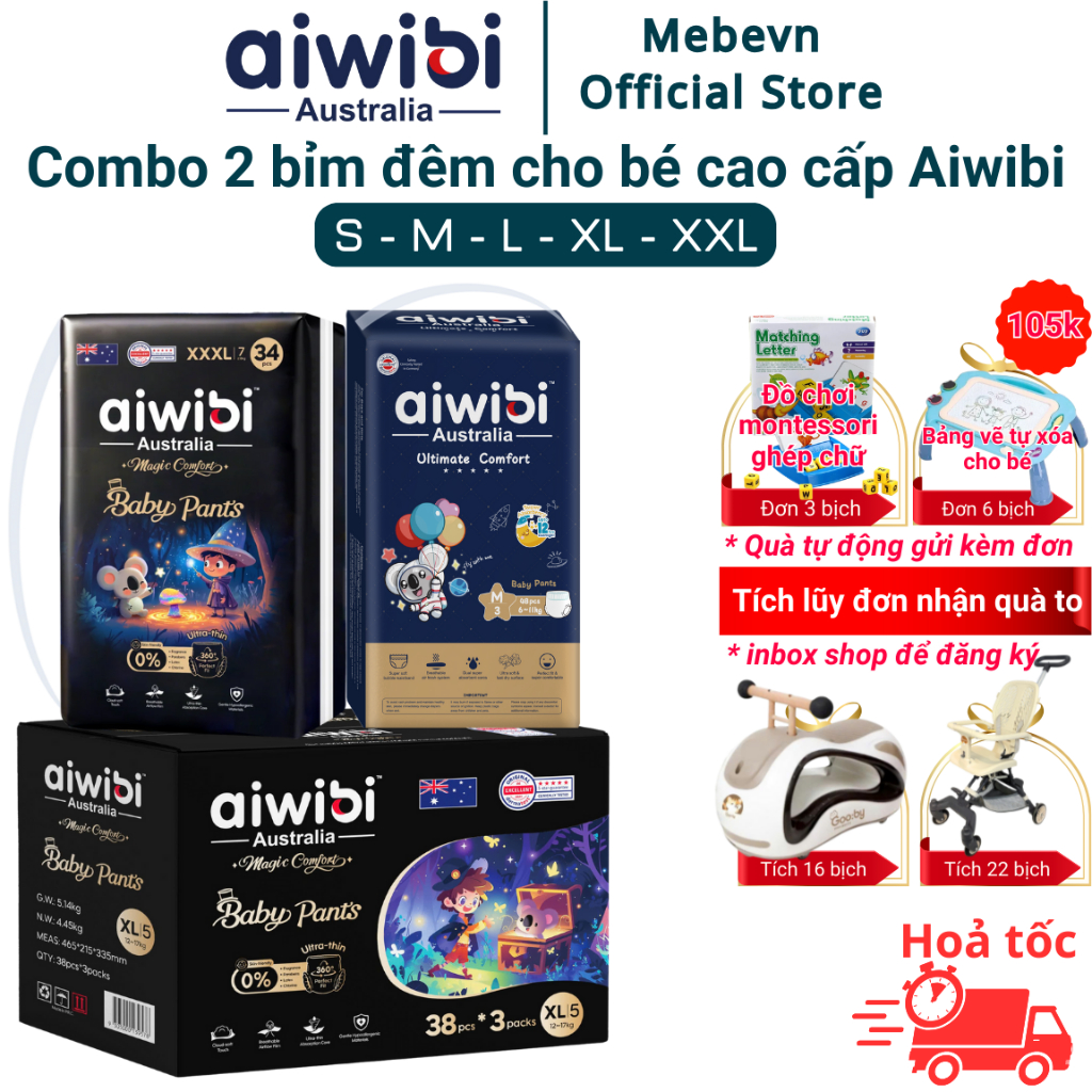 Combo 2 bỉm đêm aiwibi Australia, bỉm đêm cho bé, bỉm đêm aiwibi siêu mỏng đủ size đến 48 miếng