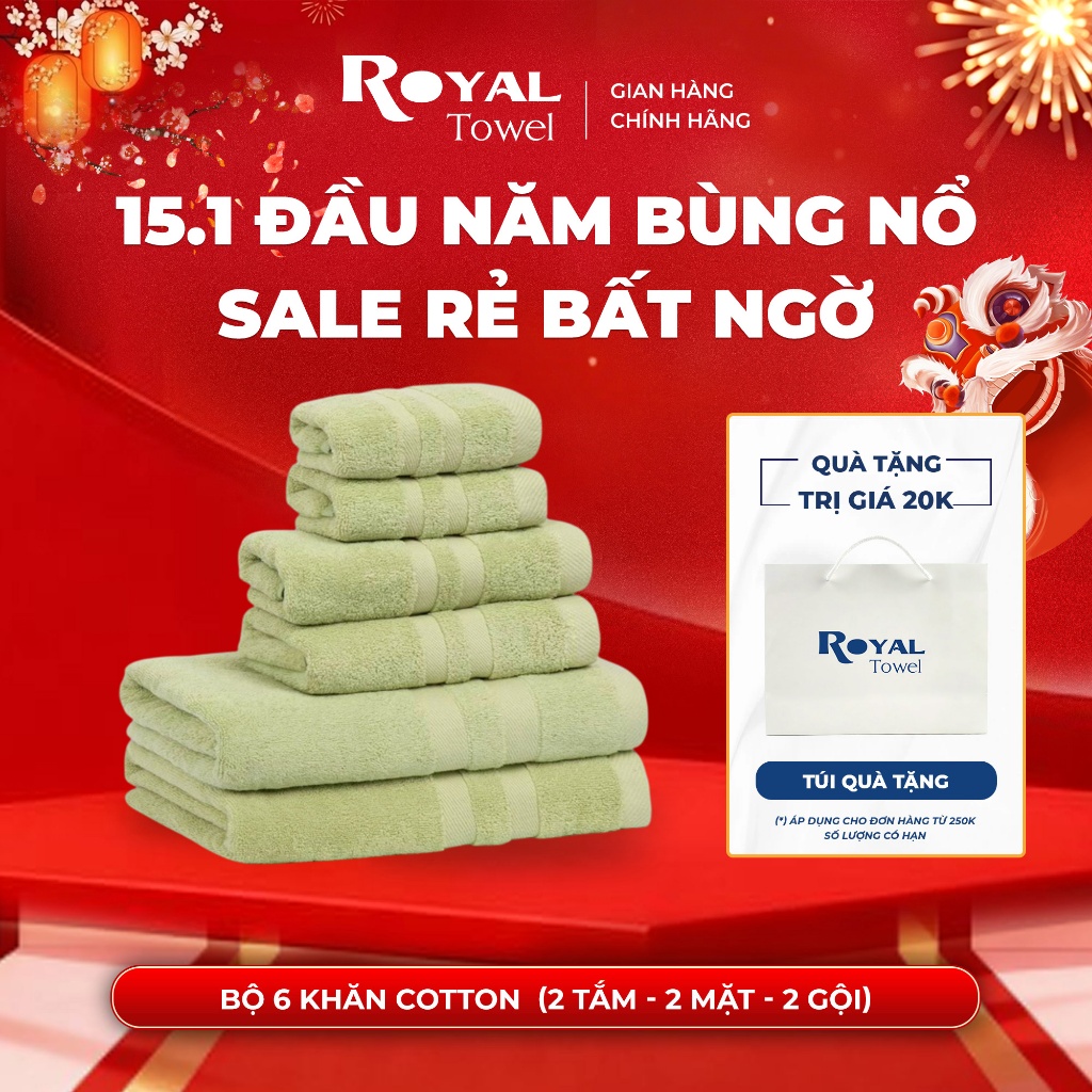 Combo 6 "Tiết Kiệm" gồm 2 khăn tắm - 2 khăn lau đầu - 2 khăn mặt ROYAL TOWEL 100% cotton cao cấp, thấm hút không đổ lông