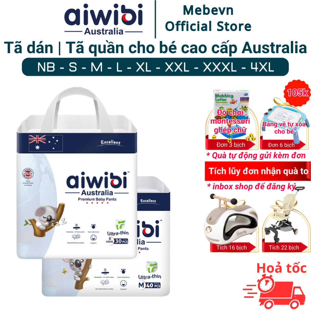 Tã dán, tã quần cho bé Aiwibi Australia, bỉm cho bé siêu mỏng và mềm mại, thấm hút tốt đến 10 tiếng