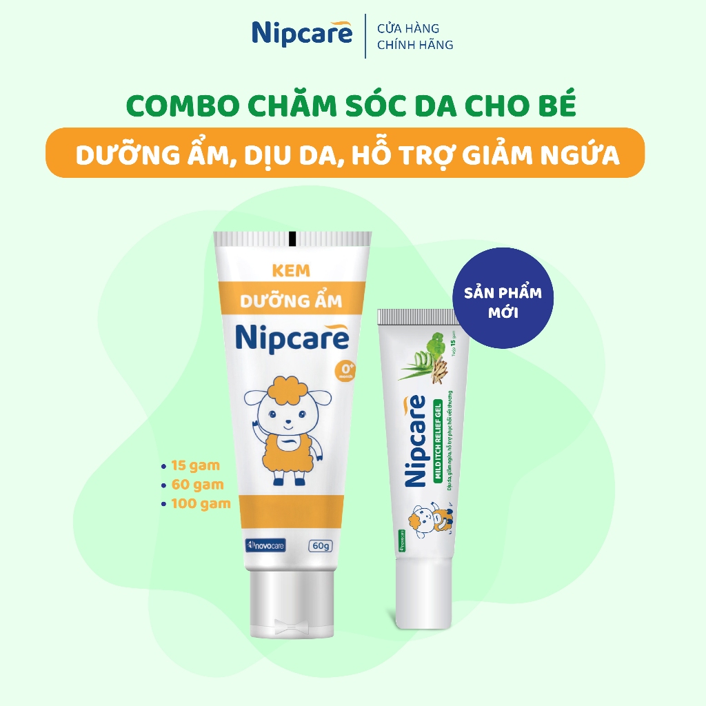 Combo chăm sóc da cho bé- Kem dưỡng ẩm, gel Nipcare mild itch relief 15g giảm ngứa, dịu da Novocare