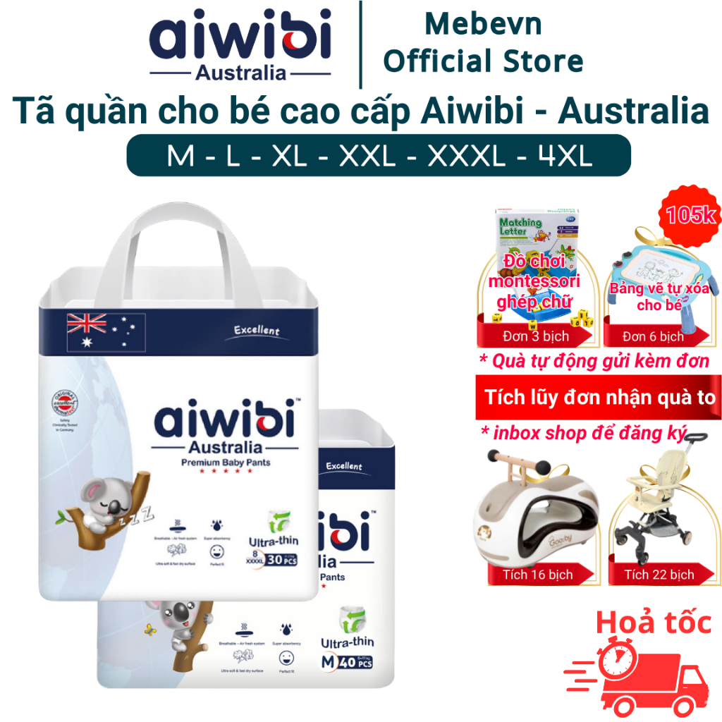 Tã quần cho bé Aiwibi Australia, bỉm cho bé siêu mỏng và mềm mại, bỉm aiwibi thấm hút đến 10 tiếng
