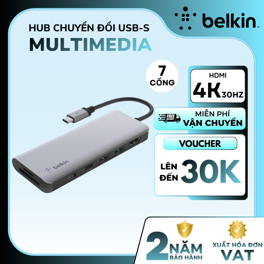 Hub Chuyển Đổi USB-C 7 Cổng Belkin - Sạc PD 100W, HDMI 4K, Tích Hợp Cổng Âm Thanh 3.5mm.
