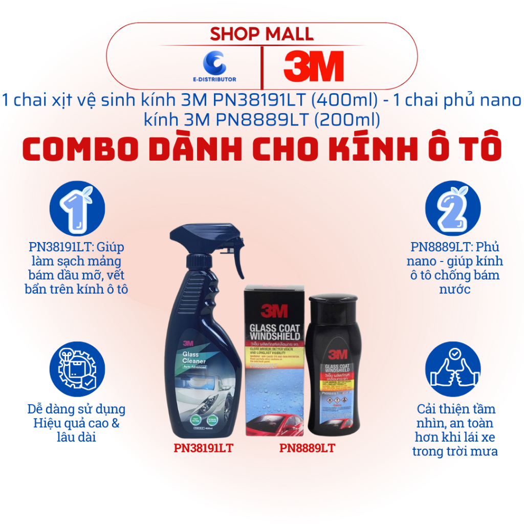 [HỎA TỐC] COMBO 3M - Chai phủ nano kính chống đọng nước mưa & vệ sinh kính lái ô tô [PN38191LT + PN8