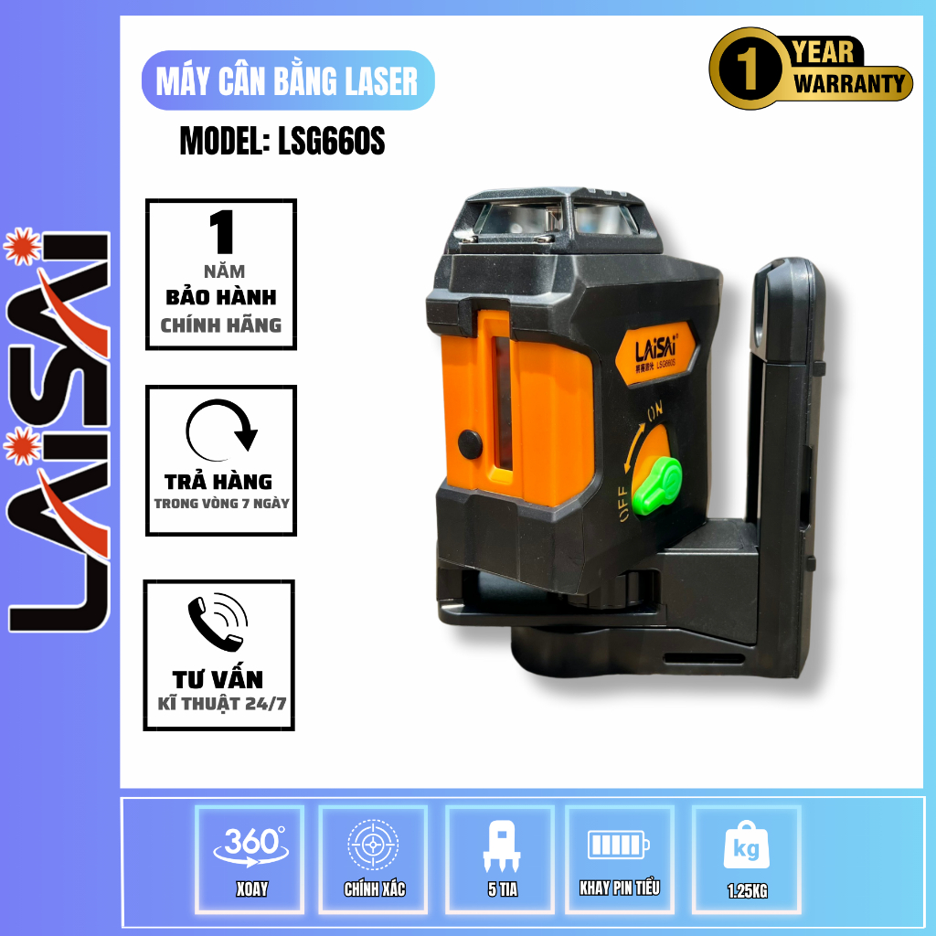 Máy Cân Bằng Laser Treo Tường LAISAI LSG-660S 5 Tia Xanh  – LED Siêu Sáng Độ Chính Xác Cao