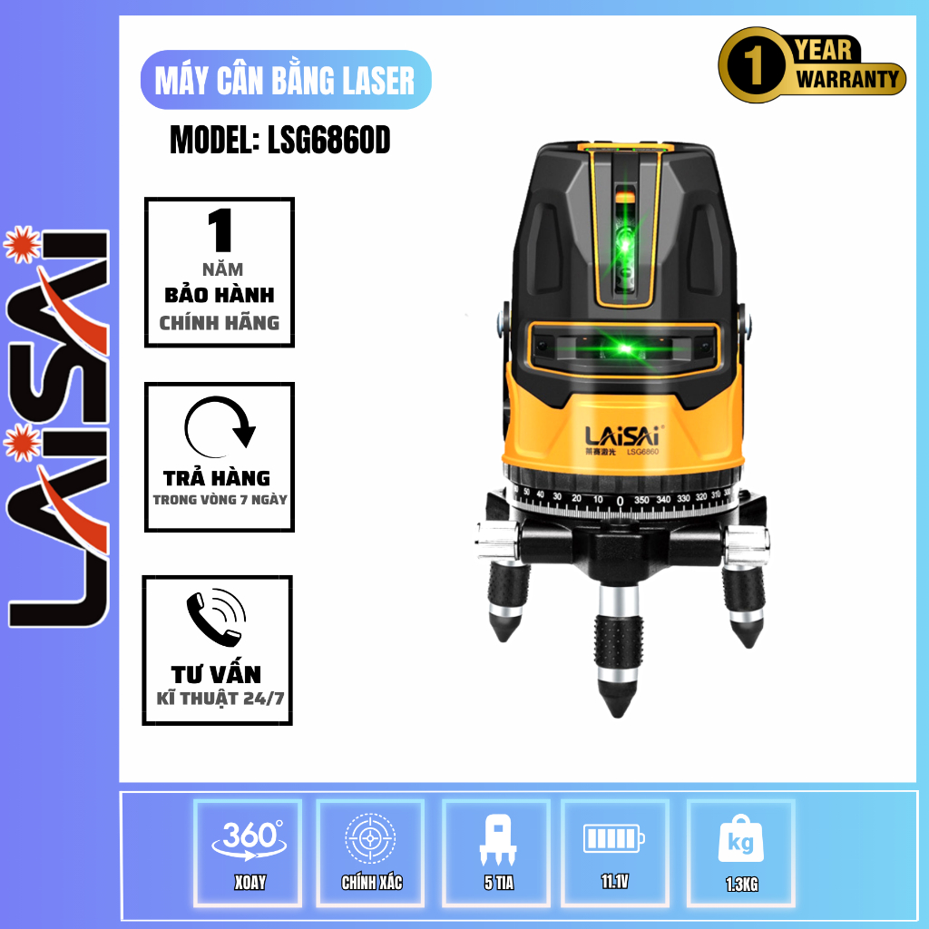 Máy Cân Bằng Laser 5 Tia Xanh Laisai LSG 6860D – Siêu Sáng Độ Chuẩn Cao Chính Hãng