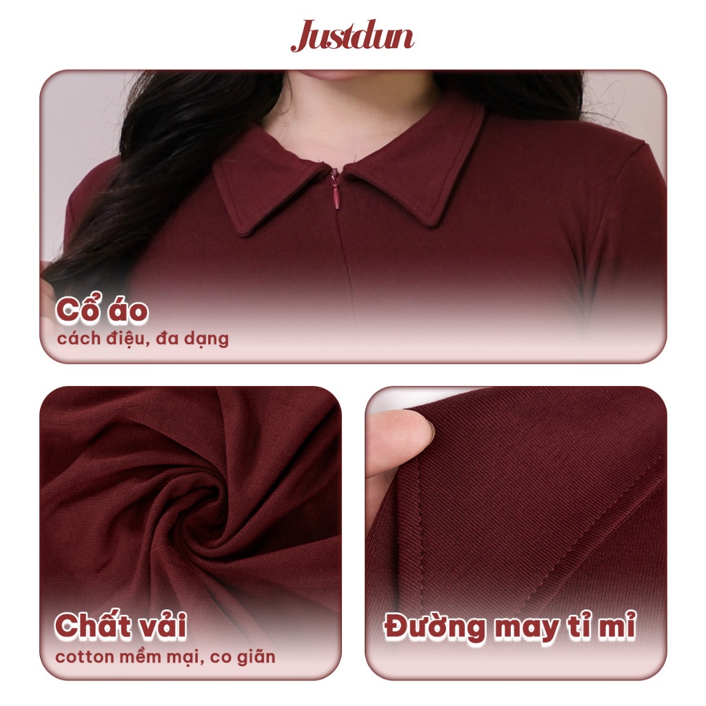 [Mở Bán] Áo Thun Nữ JUSTDUN 13A - Tay Dài, Ôm Body, Cổ Bẻ Phối Khóa Kéo, Dáng Vạt Bầu, Cotton Mịn | BigBuy360 - bigbuy360.vn