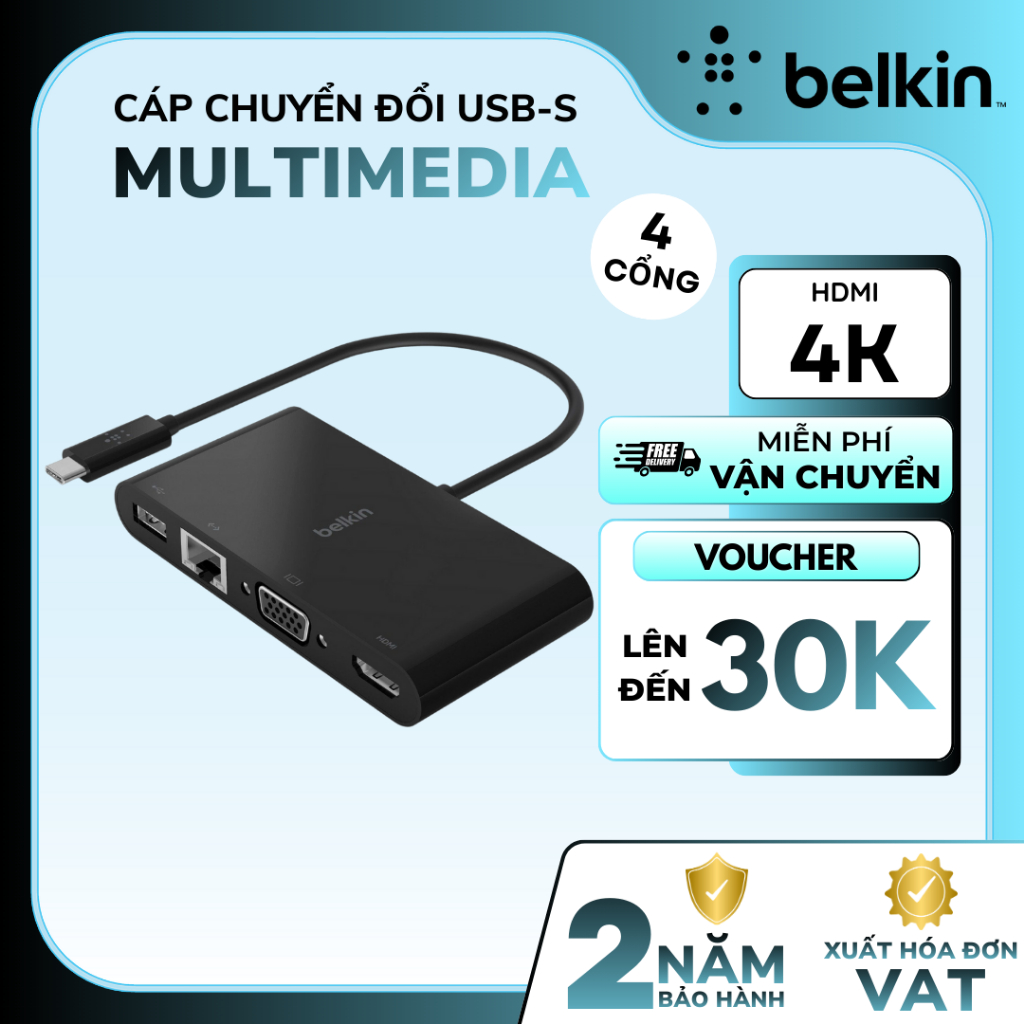 Hub chuyển đổi Belkin USB-C Multimedia 4 Cổng - Xuất Hình Kép HDMI & VGA, Tích Hợp Ethernet Lan.