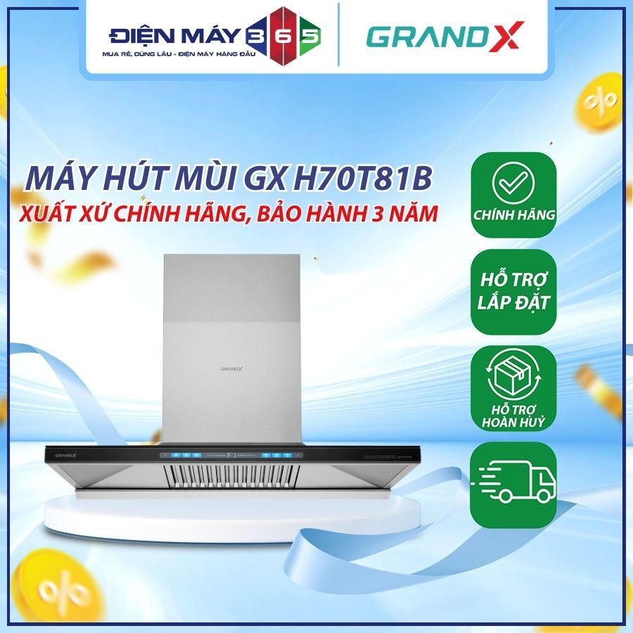Máy Hút Mùi Áp Tường GrandX GX H70T81B Premium 70cm – Công Suất 90W – Lưới Lọc Carbon 3D