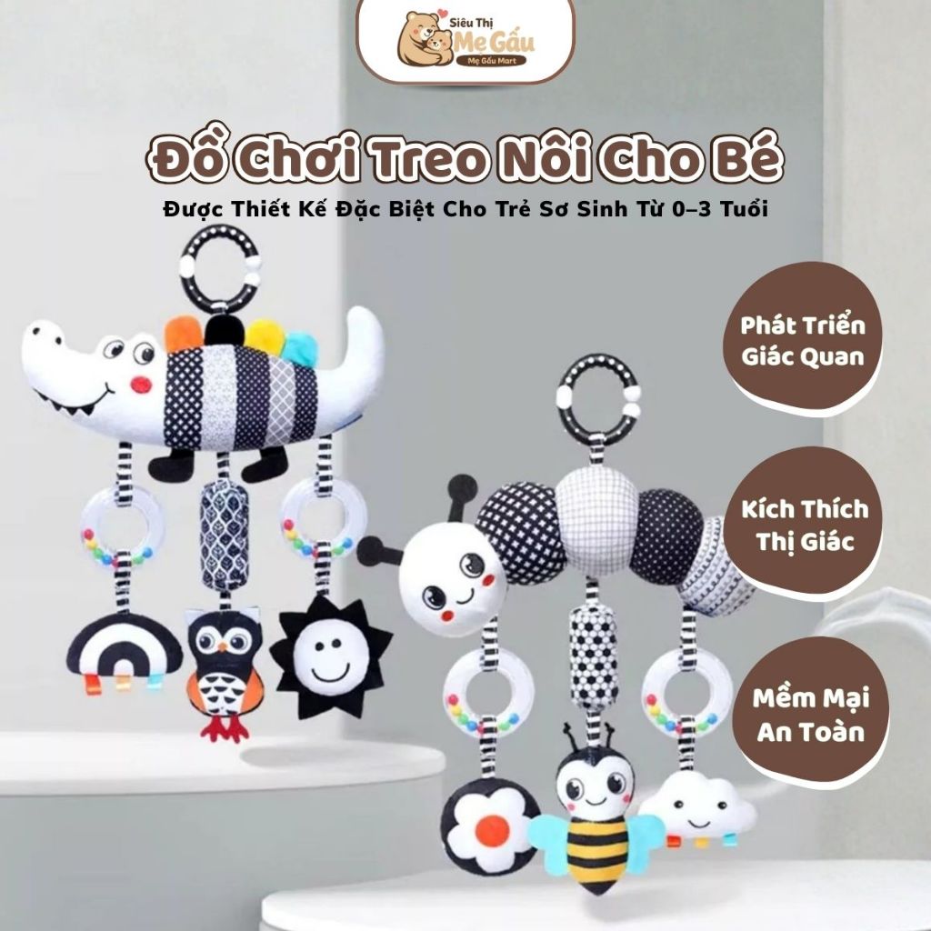 Đồ Chơi Treo Nôi Cho Bé TNBOOKS, Đồ Chơi Lắc Chuông Hình Thú Nhồi Bông Đen Trắng