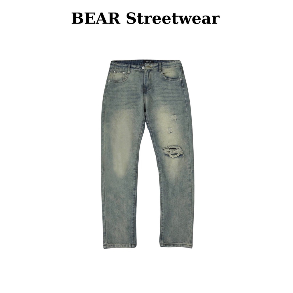 Quần jean nam form slimfit vải denim dày dặn không co giãn rách gối màu xanh vàng SK037 - BEAR Stree
