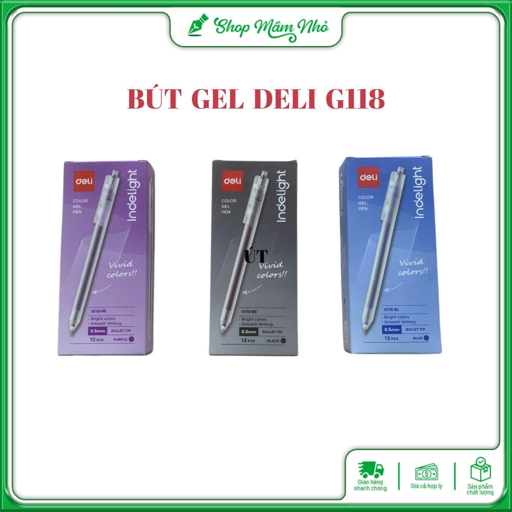 Hộp 12 Bút Gel Bấm Deli G118 Ngòi 0.5mm - Nét Viết Êm Trơn,Nhanh Khô-Xanh,Đen,Tím
